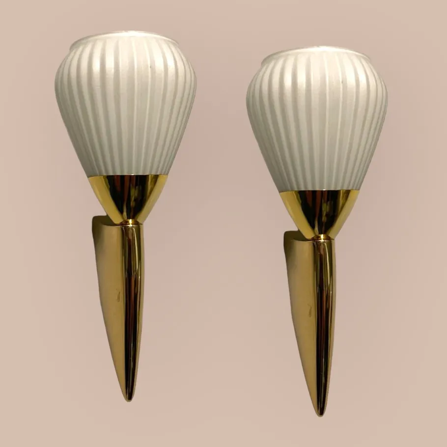 Hot Pamono Opaline Glass Pleated Brass Sconces, 1980s, Set of 2