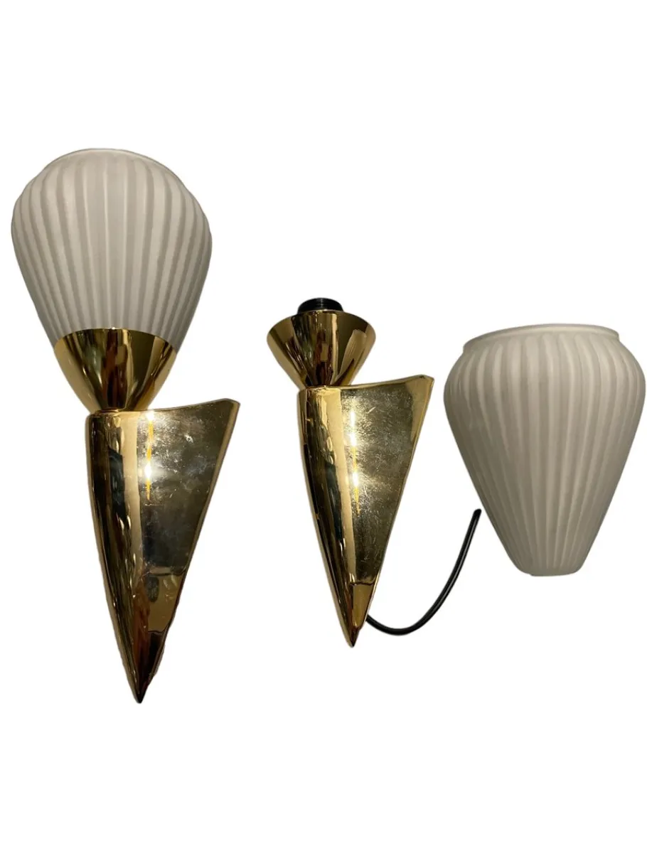 Hot Pamono Opaline Glass Pleated Brass Sconces, 1980s, Set of 2