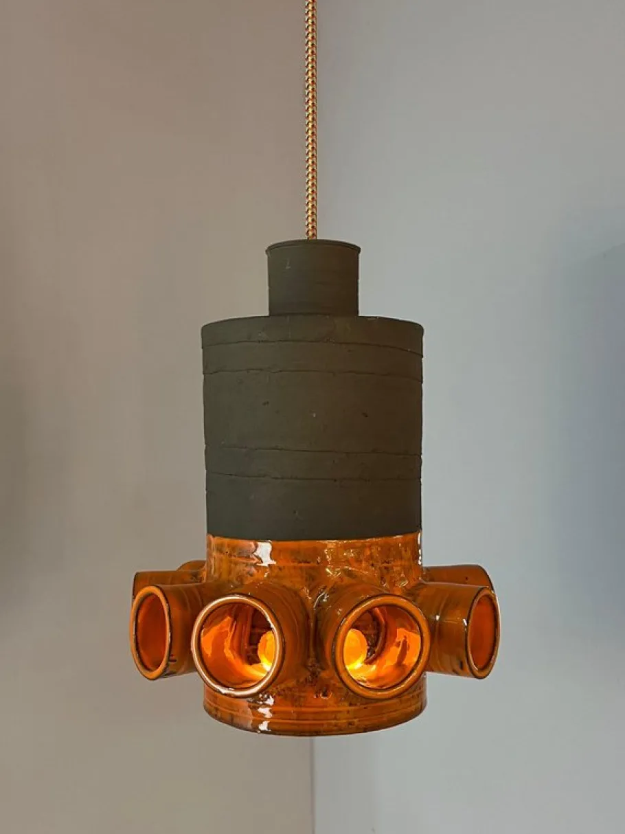 New Pamono Orange and Brown Ceramic Hanging Lamp