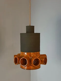 New Pamono Orange and Brown Ceramic Hanging Lamp