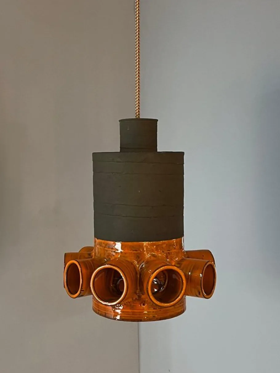 New Pamono Orange and Brown Ceramic Hanging Lamp
