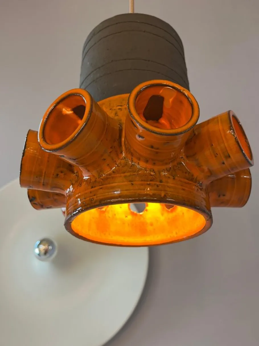New Pamono Orange and Brown Ceramic Hanging Lamp