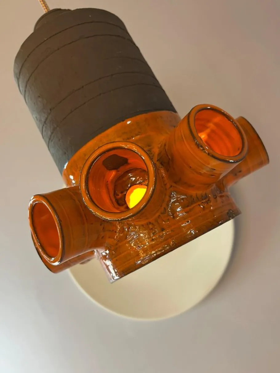 New Pamono Orange and Brown Ceramic Hanging Lamp