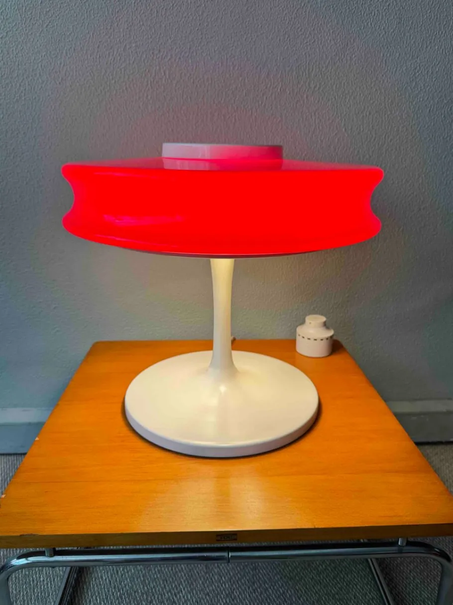 Discount Pamono Orion Red Opaline Glass White Metal Table Lamp by Staff & Schwarz for Staff Leuchten, Germany, 1960s
