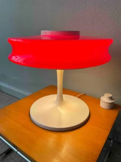 Discount Pamono Orion Red Opaline Glass White Metal Table Lamp by Staff & Schwarz for Staff Leuchten, Germany, 1960s