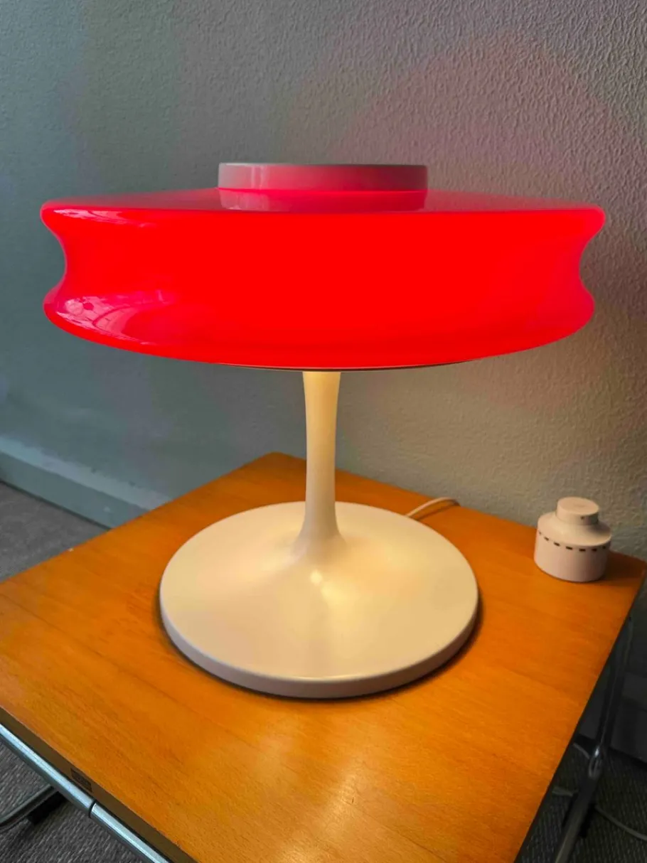 Discount Pamono Orion Red Opaline Glass White Metal Table Lamp by Staff & Schwarz for Staff Leuchten, Germany, 1960s