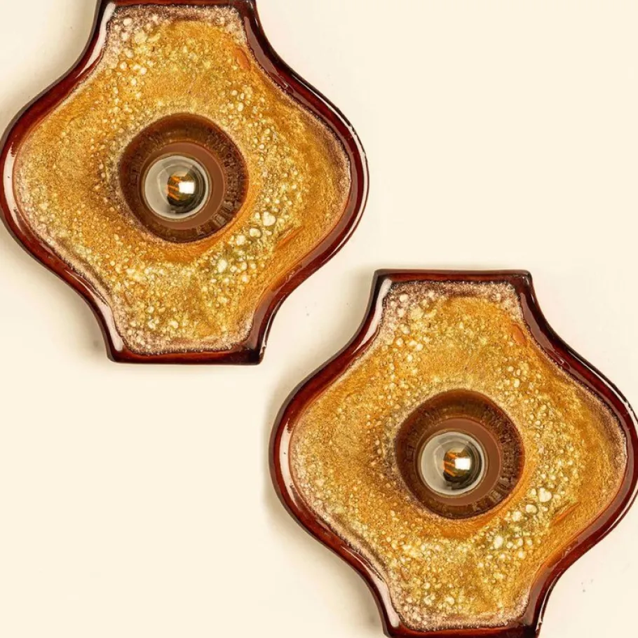 Clearance Pamono Oval Ochre Fat Lava Ceramic Wall Lights, 1970s, Set of 2