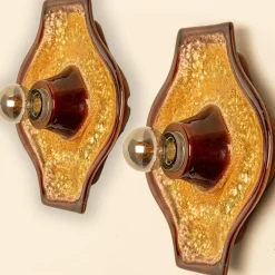 Clearance Pamono Oval Ochre Fat Lava Ceramic Wall Lights, 1970s, Set of 2