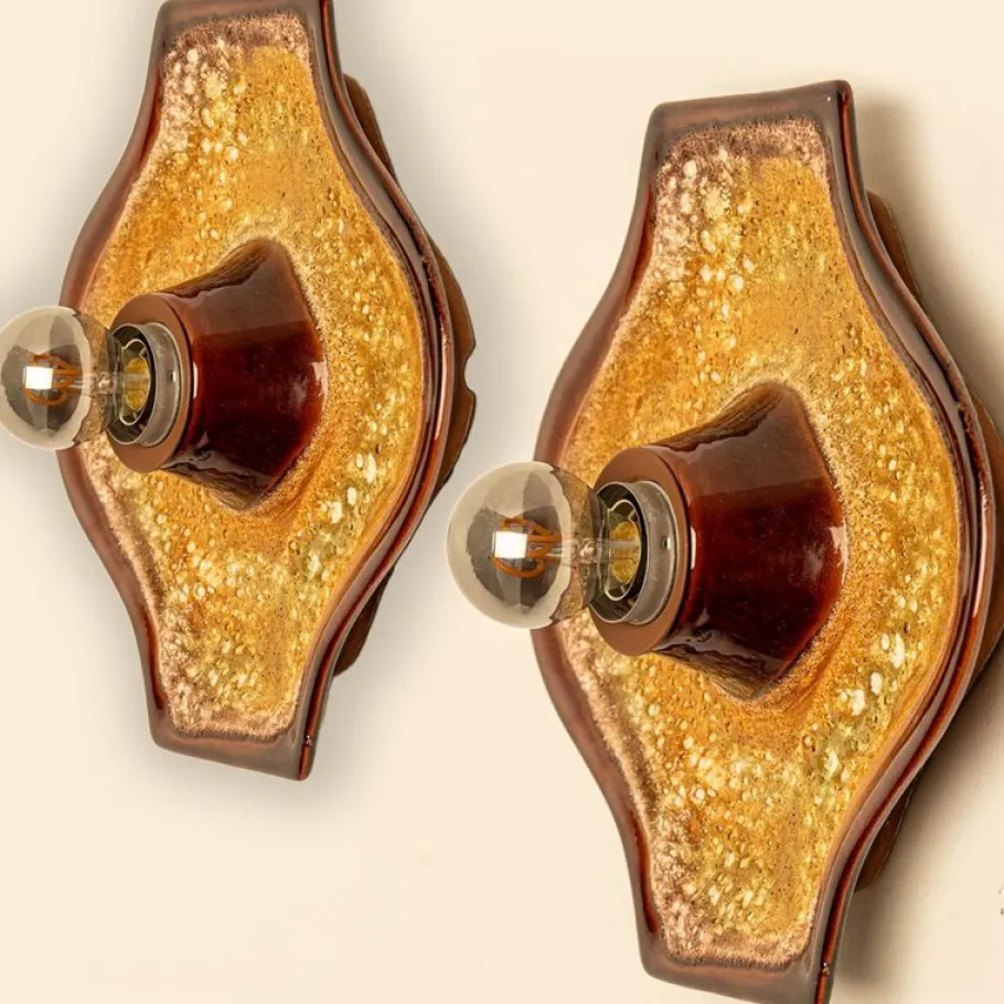 Clearance Pamono Oval Ochre Fat Lava Ceramic Wall Lights, 1970s, Set of 2