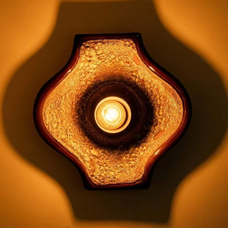 Clearance Pamono Oval Ochre Fat Lava Ceramic Wall Lights, 1970s, Set of 2