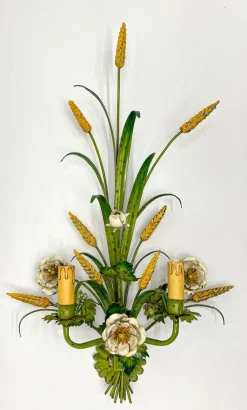 Hot Pamono Painted Tole Flower and Wheat Wall Lamp, 1960s
