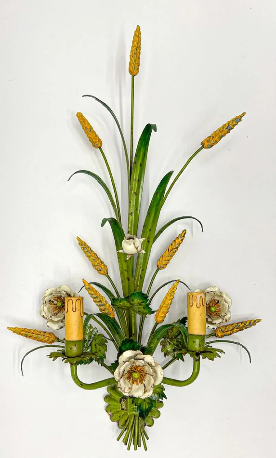 Hot Pamono Painted Tole Flower and Wheat Wall Lamp, 1960s