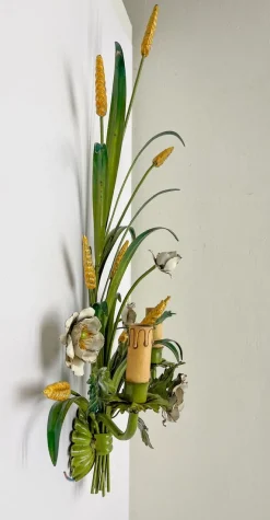 Hot Pamono Painted Tole Flower and Wheat Wall Lamp, 1960s