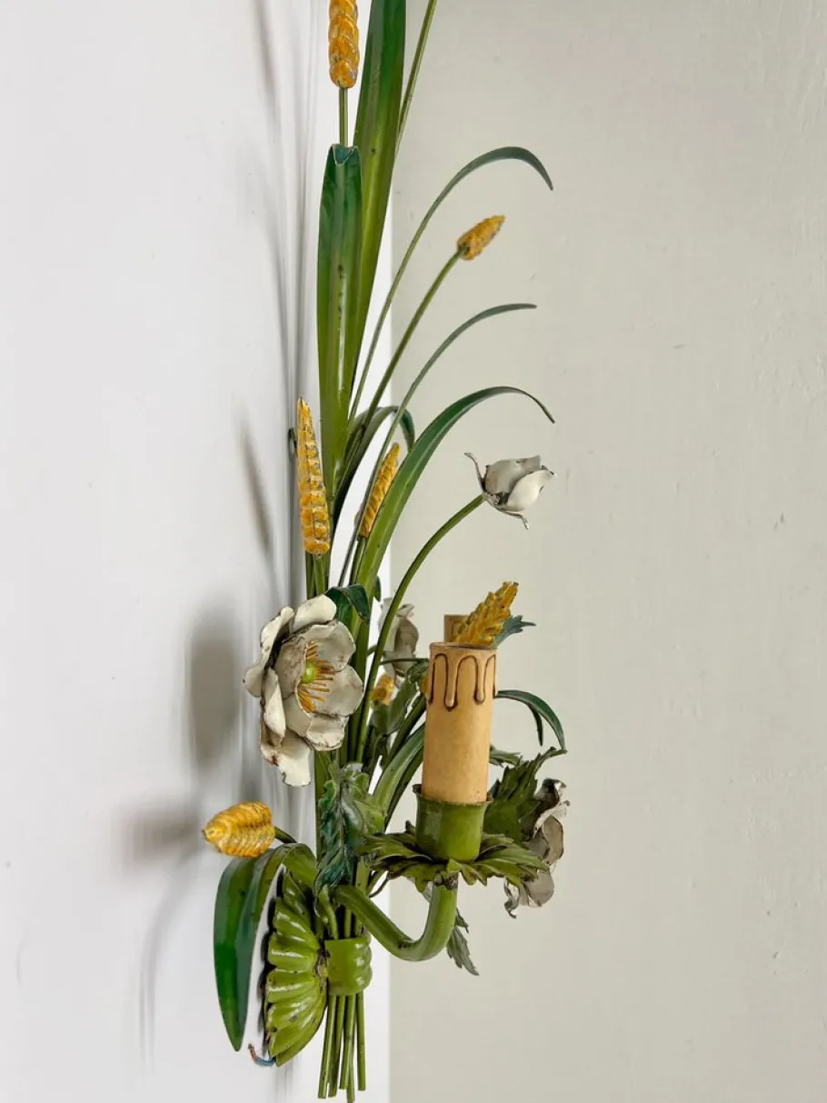 Hot Pamono Painted Tole Flower and Wheat Wall Lamp, 1960s