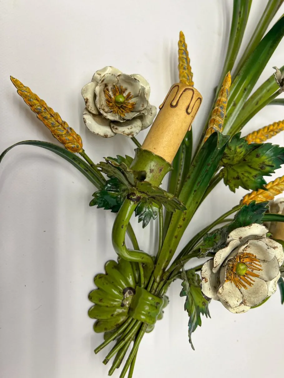 Hot Pamono Painted Tole Flower and Wheat Wall Lamp, 1960s