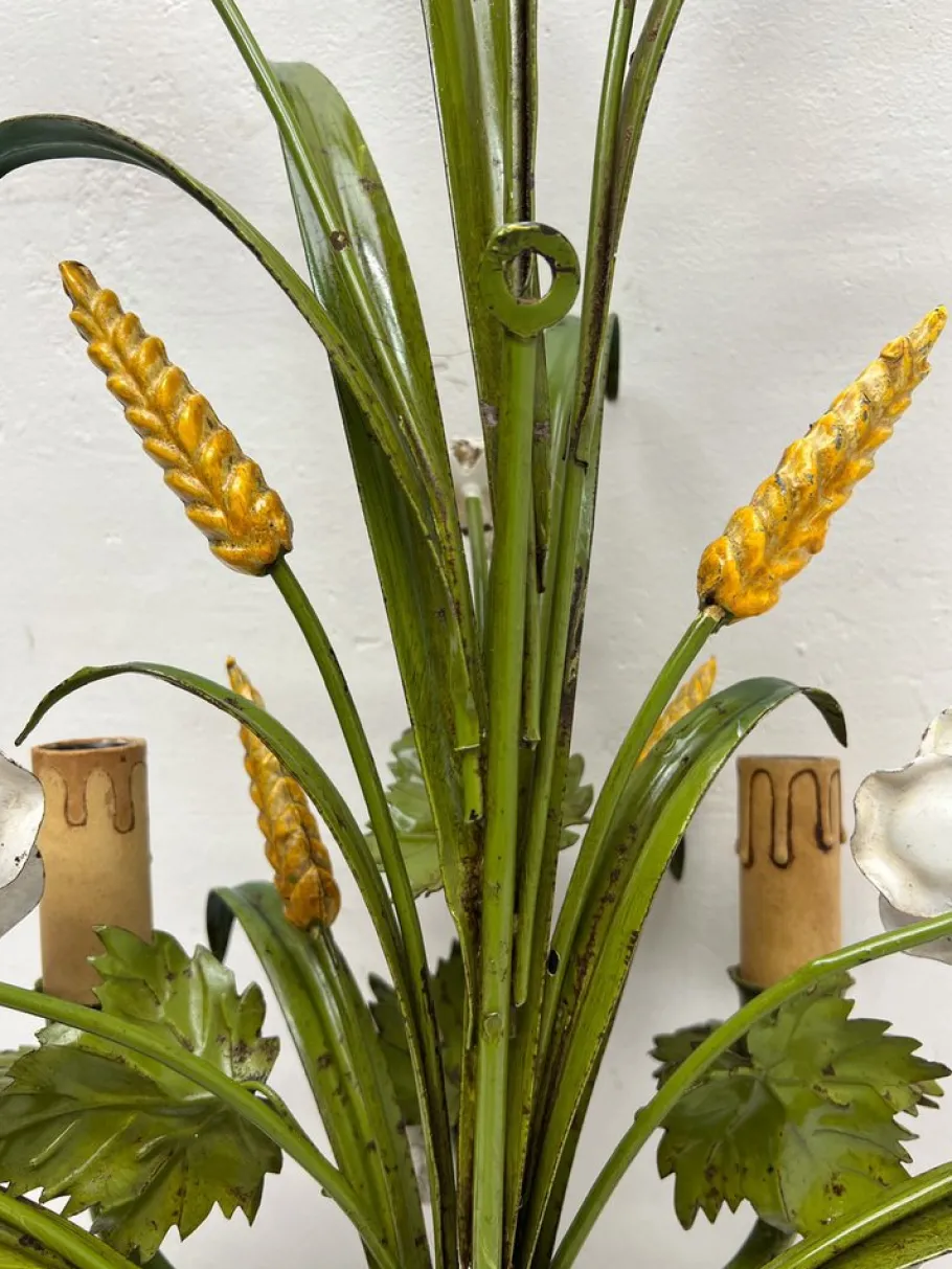 Hot Pamono Painted Tole Flower and Wheat Wall Lamp, 1960s