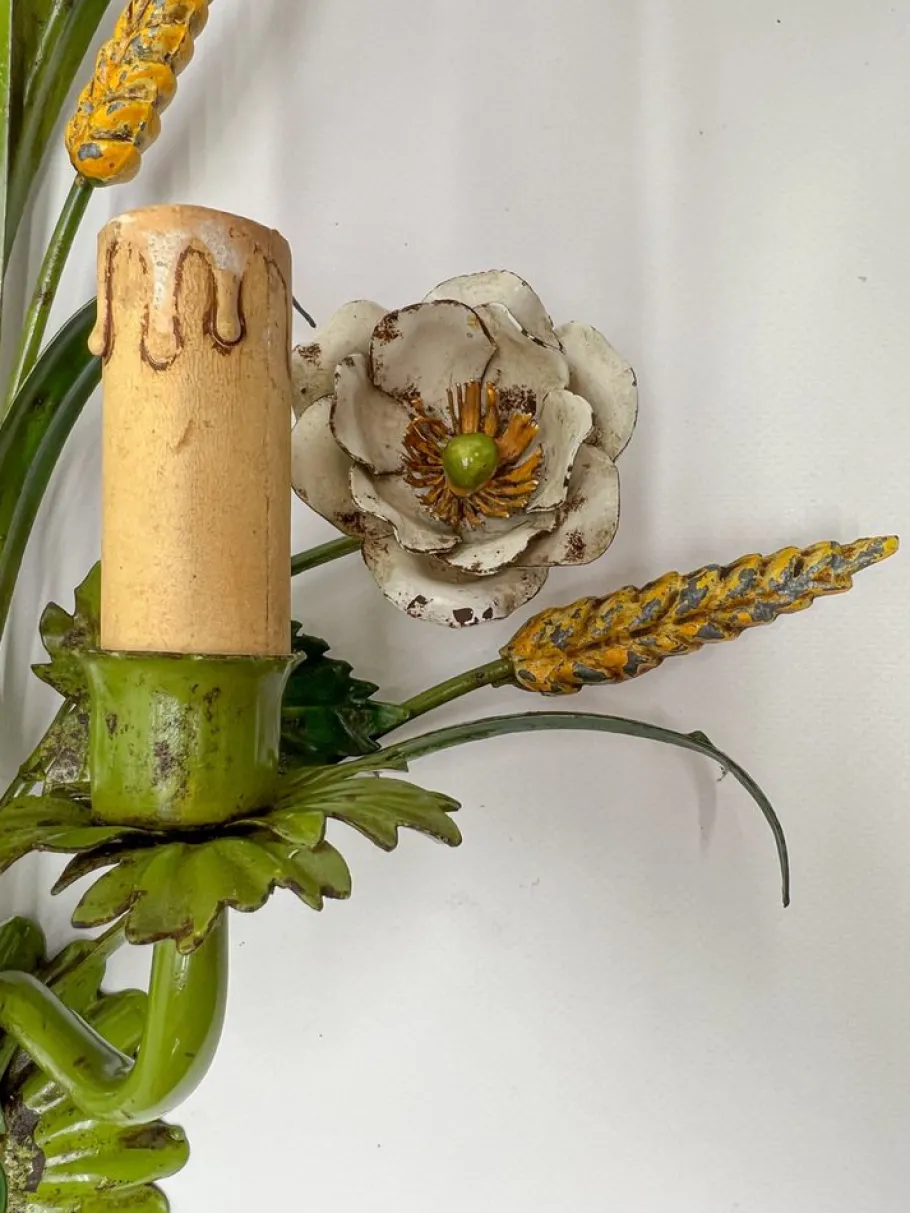 Hot Pamono Painted Tole Flower and Wheat Wall Lamp, 1960s