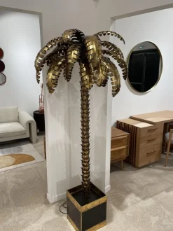 Clearance Pamono Palm Tree Floor Lamp in Gilt Metal and Black Lacquered Mirror