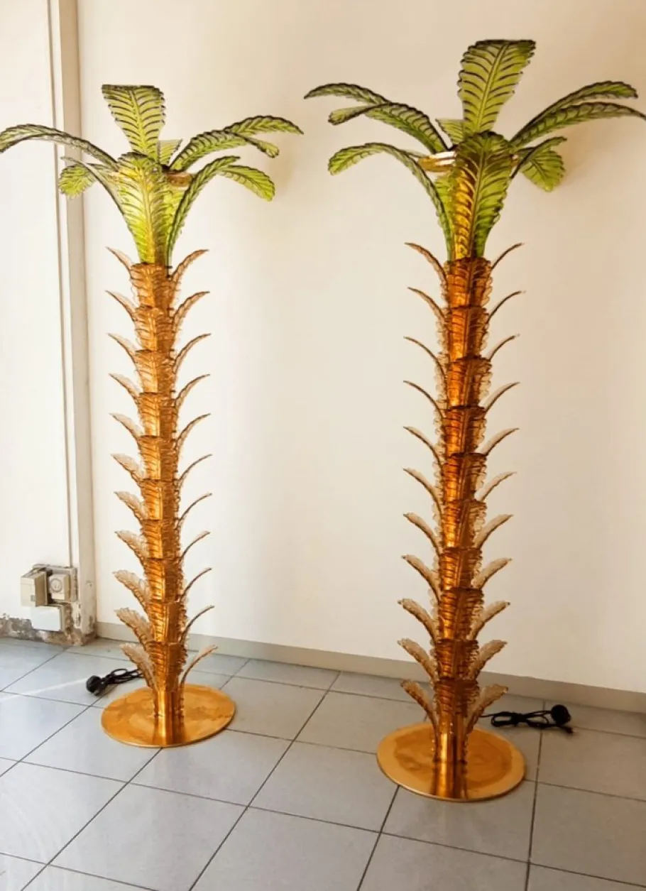 Clearance Pamono Palm Tree Floor Lamps in Brass & Murano Glass, Set of 2