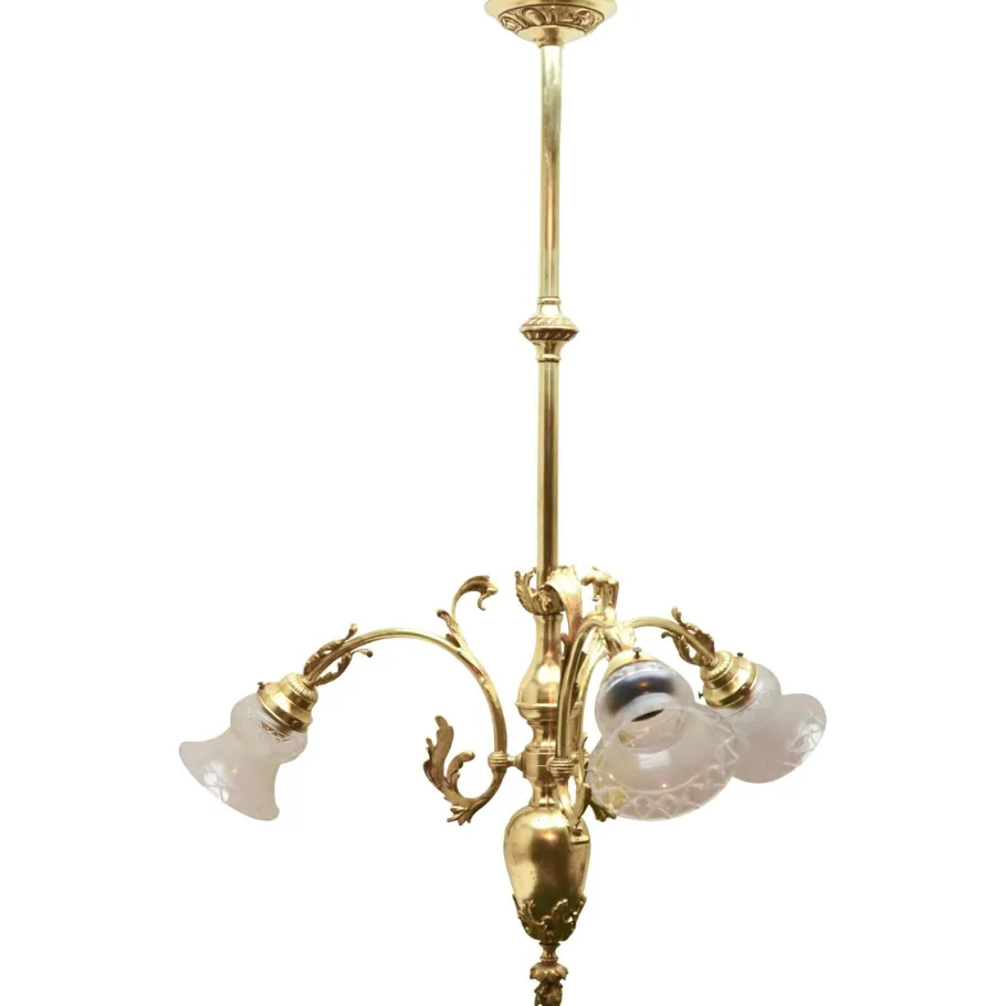 New Pamono Pendant Chandelier in Solid Polished Brass with Three Arms, Late 19th Century