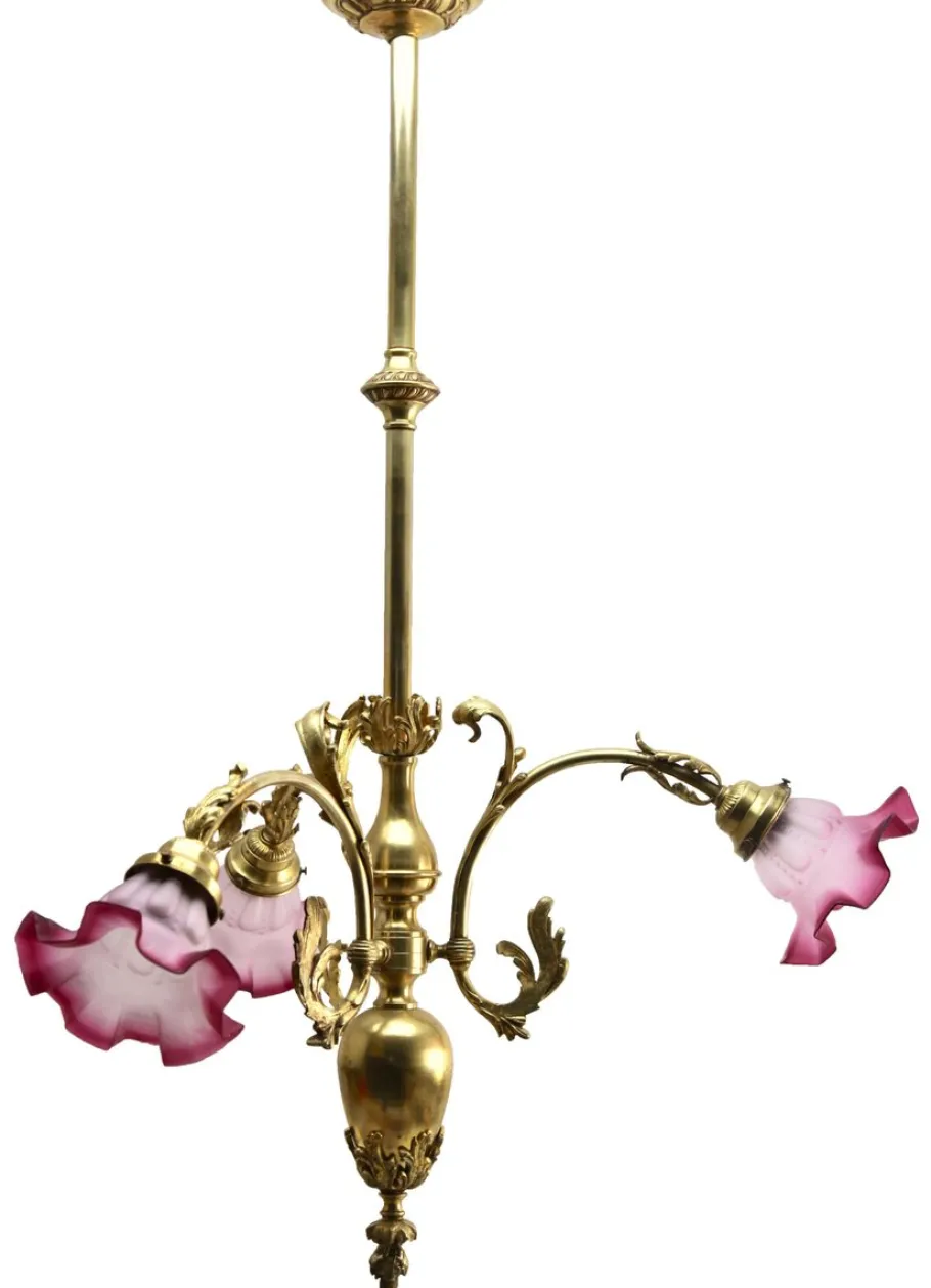 New Pamono Pendant Chandelier in Solid Polished Brass with Three Arms, Late 19th Century