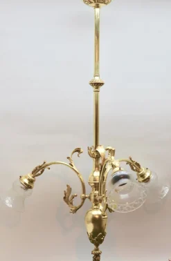 New Pamono Pendant Chandelier in Solid Polished Brass with Three Arms, Late 19th Century