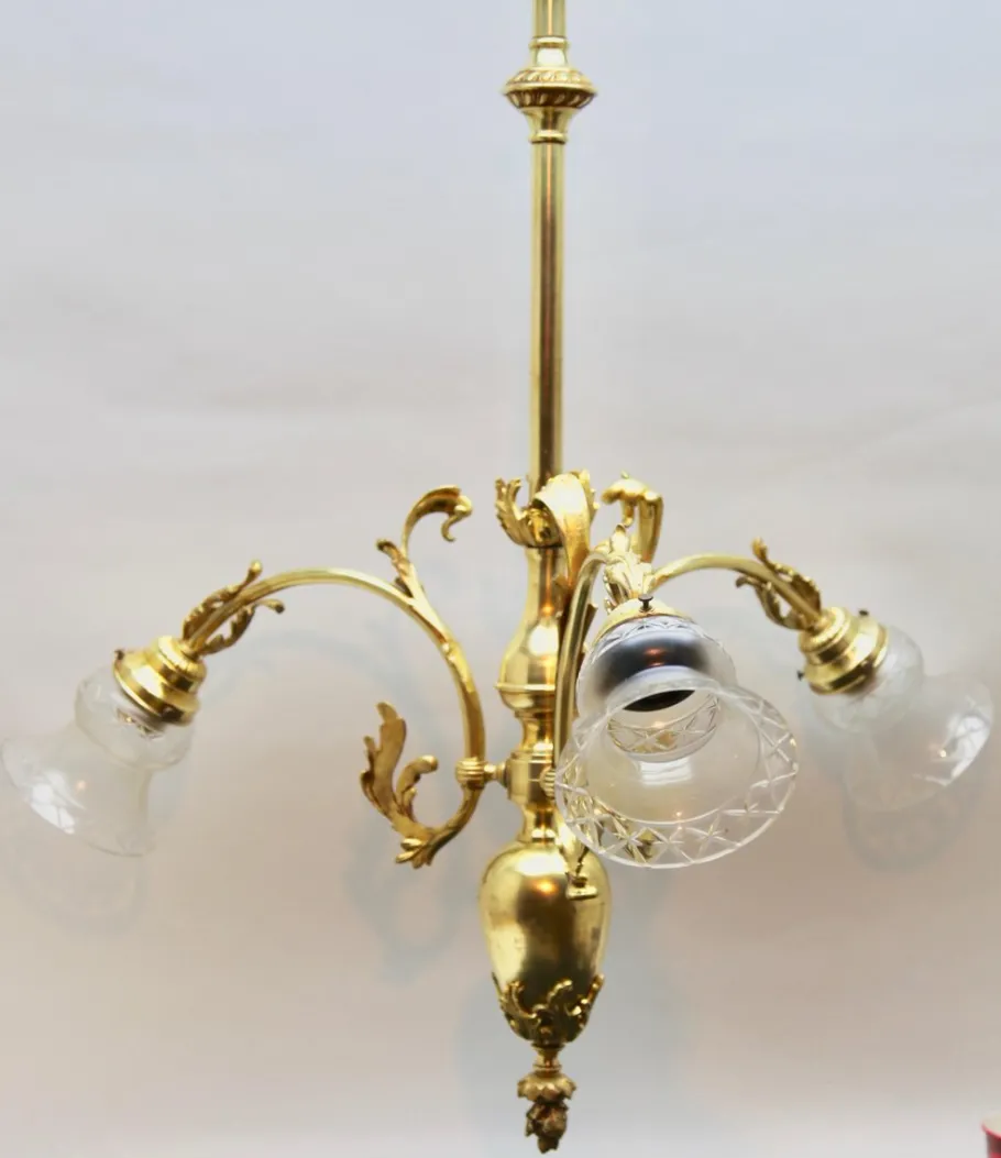 New Pamono Pendant Chandelier in Solid Polished Brass with Three Arms, Late 19th Century