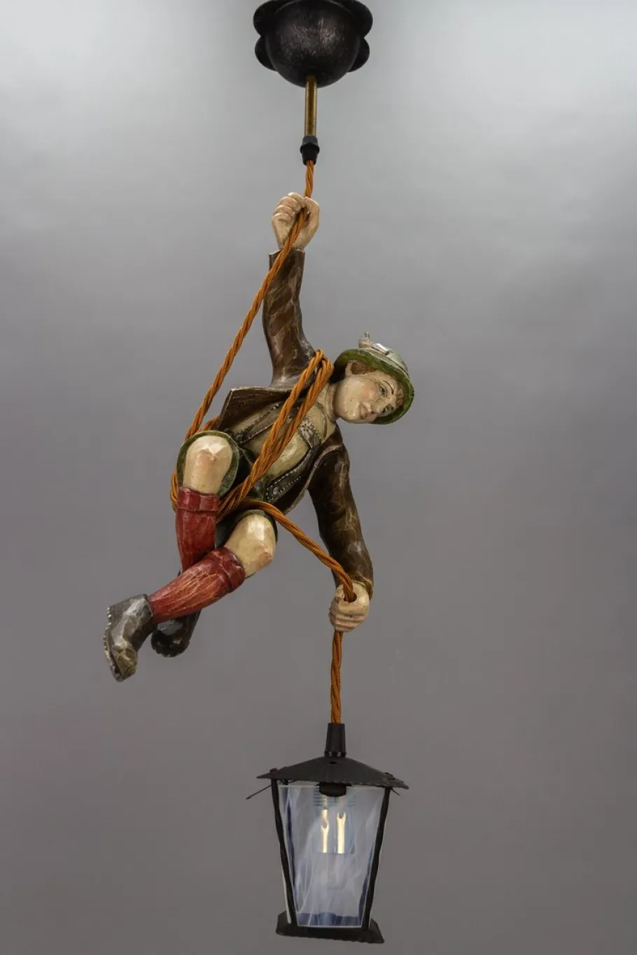 Hot Pamono Pendant Light with Hand Carved Mountain Climber Sculpture and Lantern, 1930s