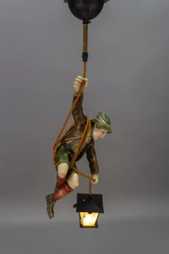 Hot Pamono Pendant Light with Hand Carved Mountain Climber Sculpture and Lantern, 1930s