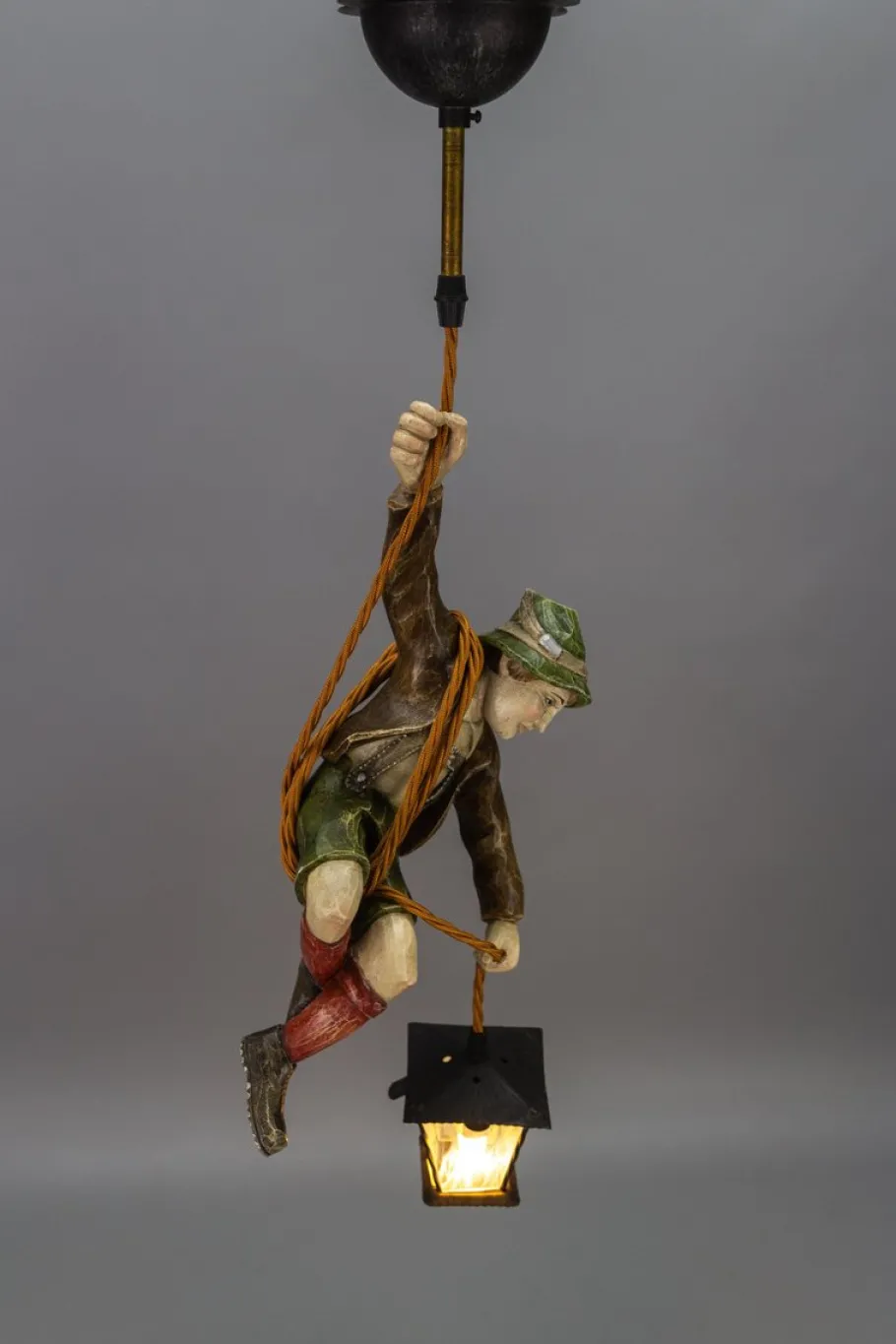 Hot Pamono Pendant Light with Hand Carved Mountain Climber Sculpture and Lantern, 1930s
