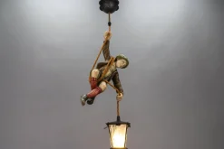 Hot Pamono Pendant Light with Hand Carved Mountain Climber Sculpture and Lantern, 1930s
