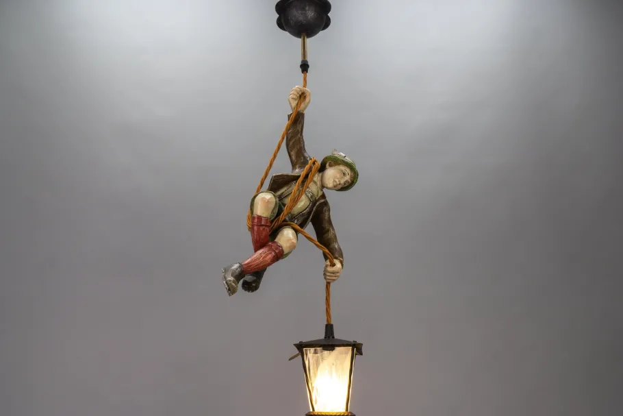 Hot Pamono Pendant Light with Hand Carved Mountain Climber Sculpture and Lantern, 1930s