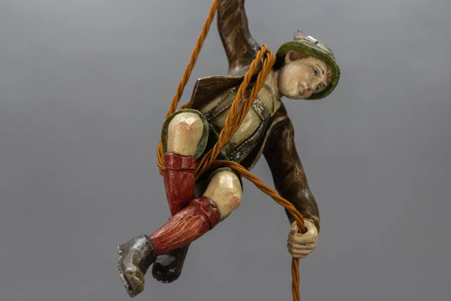 Hot Pamono Pendant Light with Hand Carved Mountain Climber Sculpture and Lantern, 1930s