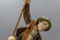 Hot Pamono Pendant Light with Hand Carved Mountain Climber Sculpture and Lantern, 1930s