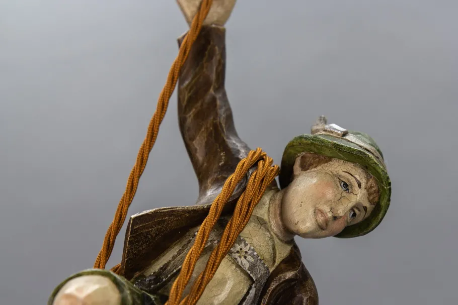 Hot Pamono Pendant Light with Hand Carved Mountain Climber Sculpture and Lantern, 1930s