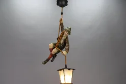 Hot Pamono Pendant Light with Hand Carved Mountain Climber Sculpture and Lantern, 1930s