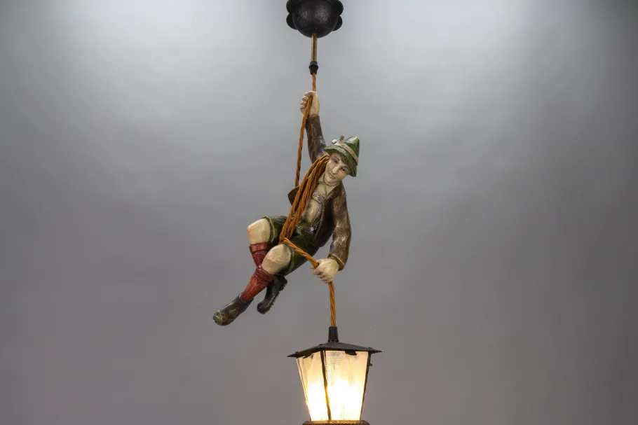 Hot Pamono Pendant Light with Hand Carved Mountain Climber Sculpture and Lantern, 1930s