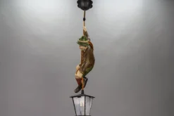 Hot Pamono Pendant Light with Hand Carved Mountain Climber Sculpture and Lantern, 1930s