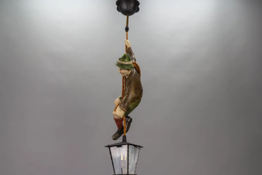 Hot Pamono Pendant Light with Hand Carved Mountain Climber Sculpture and Lantern, 1930s
