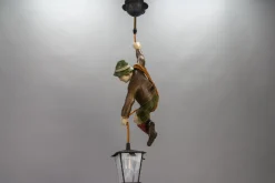 Hot Pamono Pendant Light with Hand Carved Mountain Climber Sculpture and Lantern, 1930s