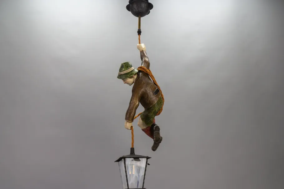 Hot Pamono Pendant Light with Hand Carved Mountain Climber Sculpture and Lantern, 1930s