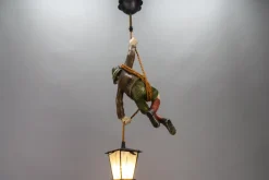 Hot Pamono Pendant Light with Hand Carved Mountain Climber Sculpture and Lantern, 1930s