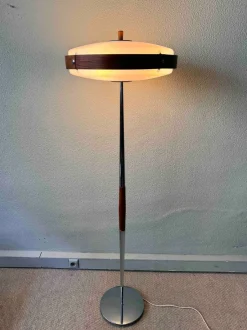 Clearance Pamono Phase Eclipse S Dimmable Floor Lamp in Chrome & Wood by Luis Pérez De La Oliva for Fase, 1966