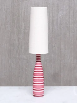 Pamono Pink and Red Striped Faience Table Lamp by Stig Lindberg for Gustavsberg, Sweden 1950s