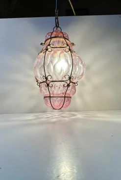 New Pamono Pink Raspberry Pendant Lamp in Cage Murano Glass from Seguso, 1950s