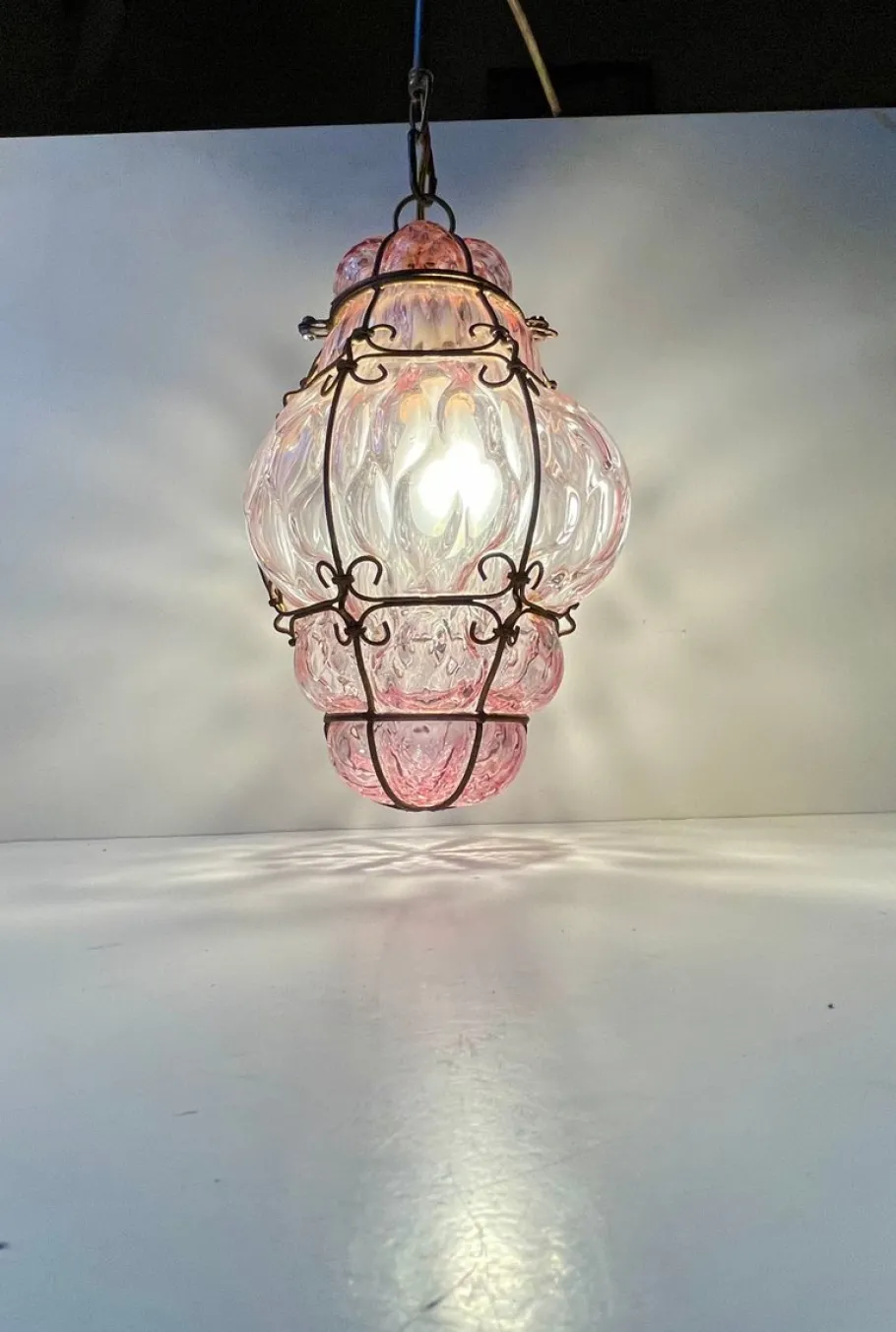 New Pamono Pink Raspberry Pendant Lamp in Cage Murano Glass from Seguso, 1950s