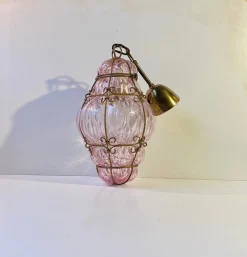 New Pamono Pink Raspberry Pendant Lamp in Cage Murano Glass from Seguso, 1950s