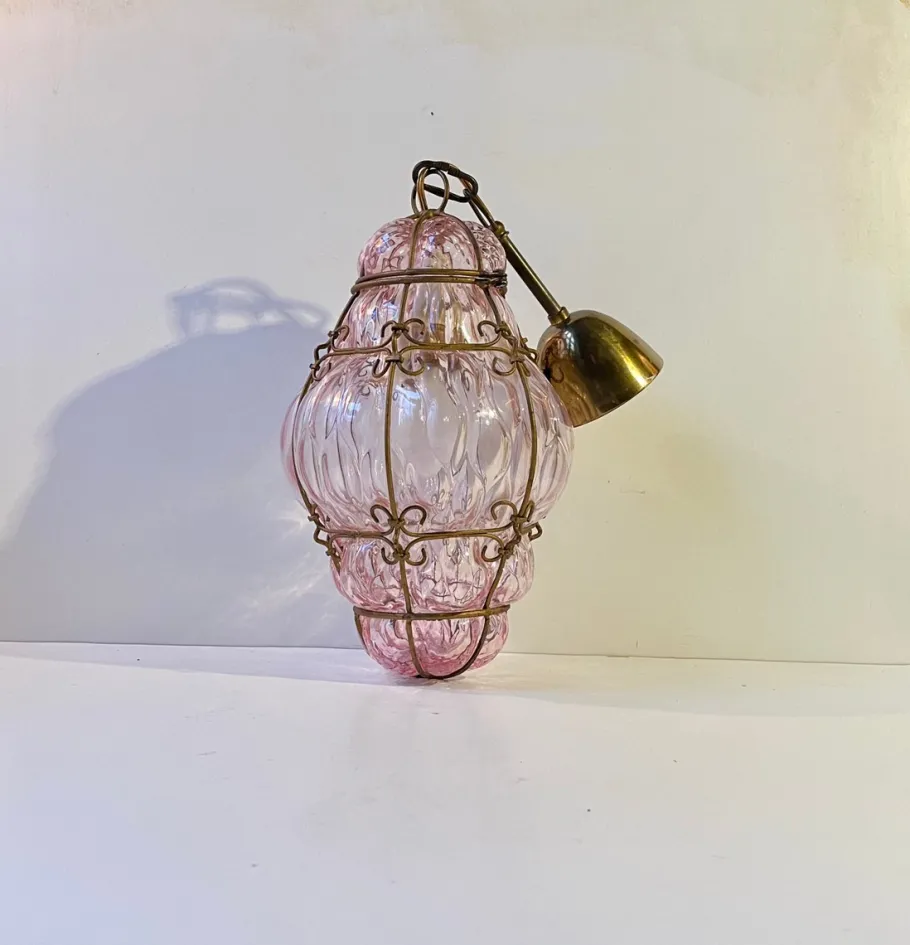 New Pamono Pink Raspberry Pendant Lamp in Cage Murano Glass from Seguso, 1950s