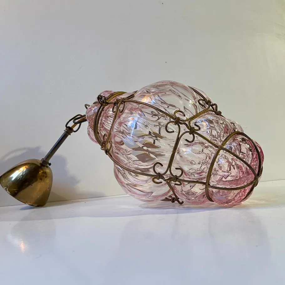 New Pamono Pink Raspberry Pendant Lamp in Cage Murano Glass from Seguso, 1950s