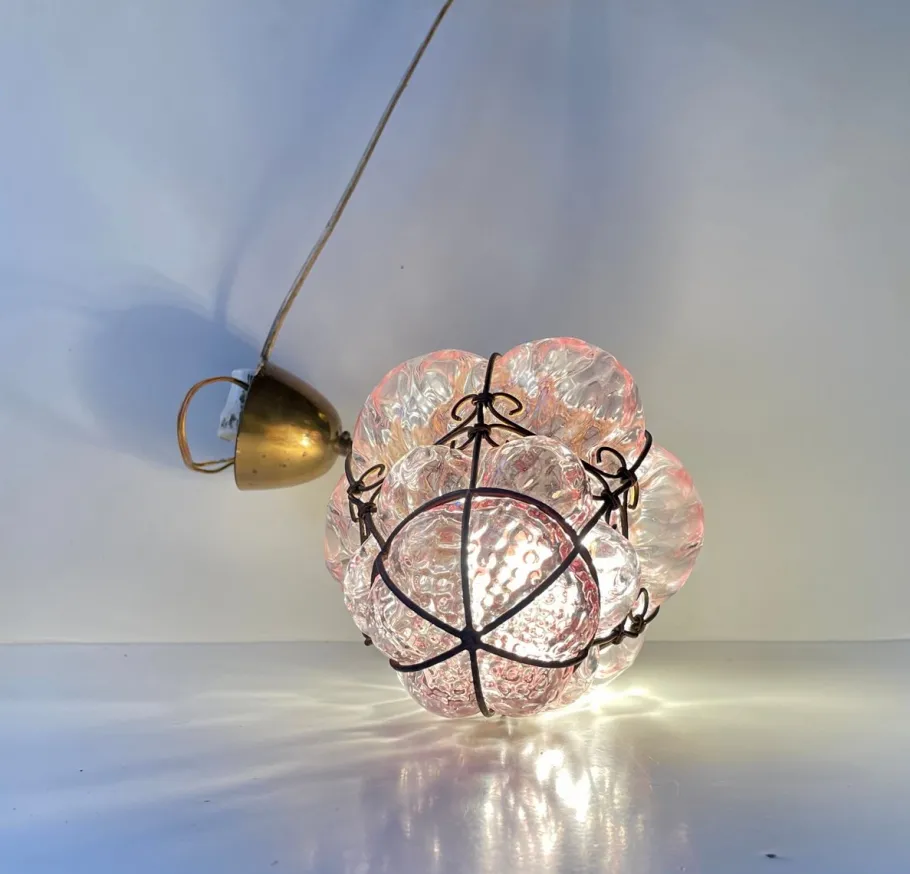 New Pamono Pink Raspberry Pendant Lamp in Cage Murano Glass from Seguso, 1950s